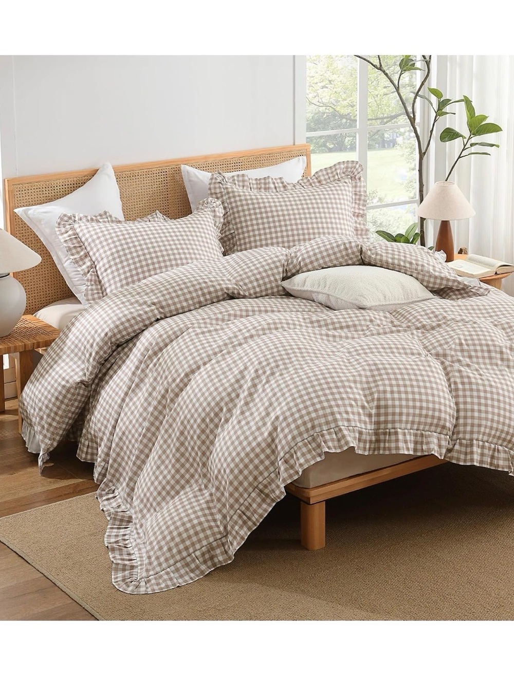 Beige Gingham Ruffle Comforter Set - Classic Home Bedding